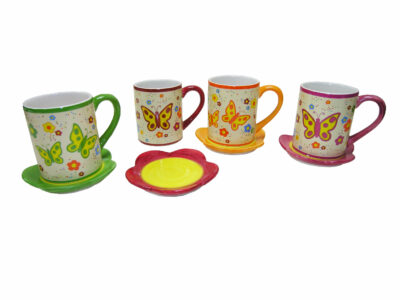 PACK 4 TAZA/PLATO CERAMICA MARIPOSA 9*7.5CM