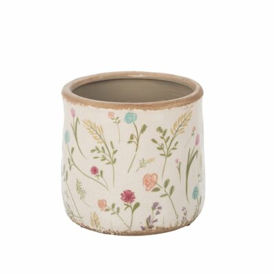 FLORES Y HOJAS CREMA CRACKLE MACETERO D12.5 H12 CERAM. MIN 4 PZ