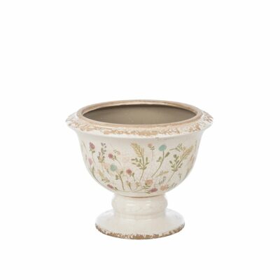 TAZA CERAM. CRACKLE C/DIS. FLORES Y HOJAS COLOR CREMA, 21,5 D. Y 17,5 ALT.