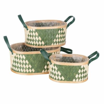 S/3 CUENCOS OVAL C/ASAS. 27X20, H14; 37X29, H17 MADERA VERDE Y NAT.