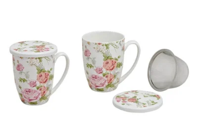 TAZA PORCELANA C/TAPA/COLADOR, DECO ROSAS, 11 CM, 300 ML MIN 6 UD